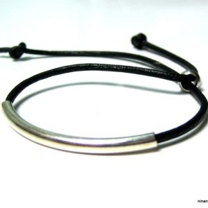 Bracelet ajustable perle tube Argent 925 Cordon Cuir
