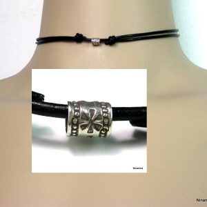 Collier cordon Cuir coulissant perle tube Argent 925 massif