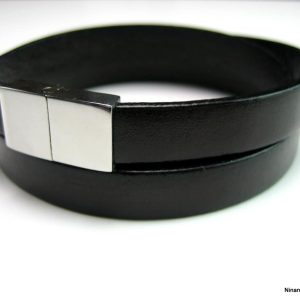 Bracelet 3 tours cuir homme fermoir contemporain Acier argent