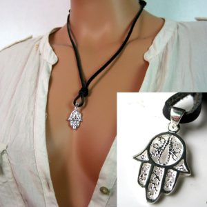 Collier Cordon Cuir Argent 925 massif Main de fatma
