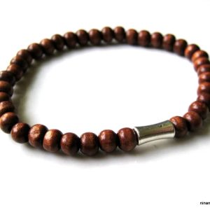 Bracelet perle bois tube métal argent