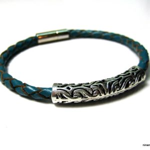 Bracelet cuir tressé turquoise et métal argenté