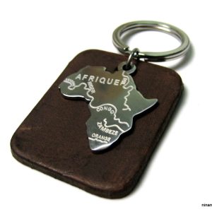 Porte clé cuir pendentif carte Afrique Acier inoxydable