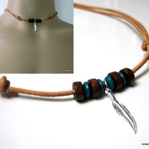 Collier homme plume Argent 925 massif cordon cuir