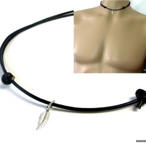 Collier homme cordon cuir plume Argent 925 massif