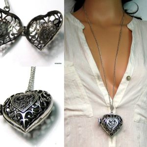 Collier avec gros coeur porte photo – Sautoir métal argent