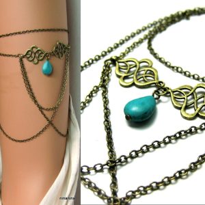 Bracelet tour de bras métal bronze et goutte turquoise