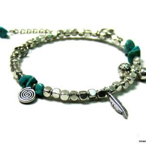Bracelet de cheville turquoise et métal argenté