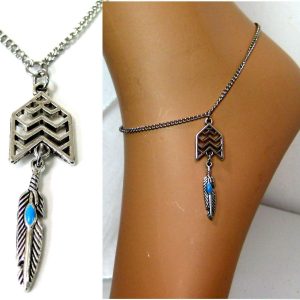 Chaine de cheville plume acier turquoise