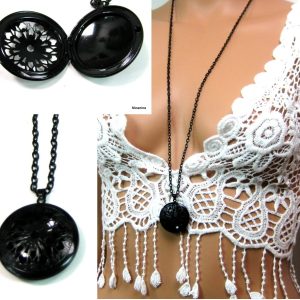 Sautoir photo pendentif métal noir – Collier long femme