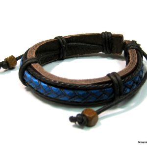 Bracelet cuir chanvre bleu