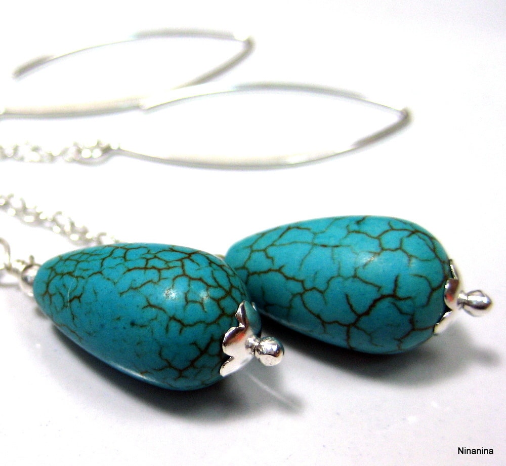 Boucles d’oreilles longues femme goutte howlite turquoise sur chaînette en argent 925 – Bijou artisanal fait main – Image 8