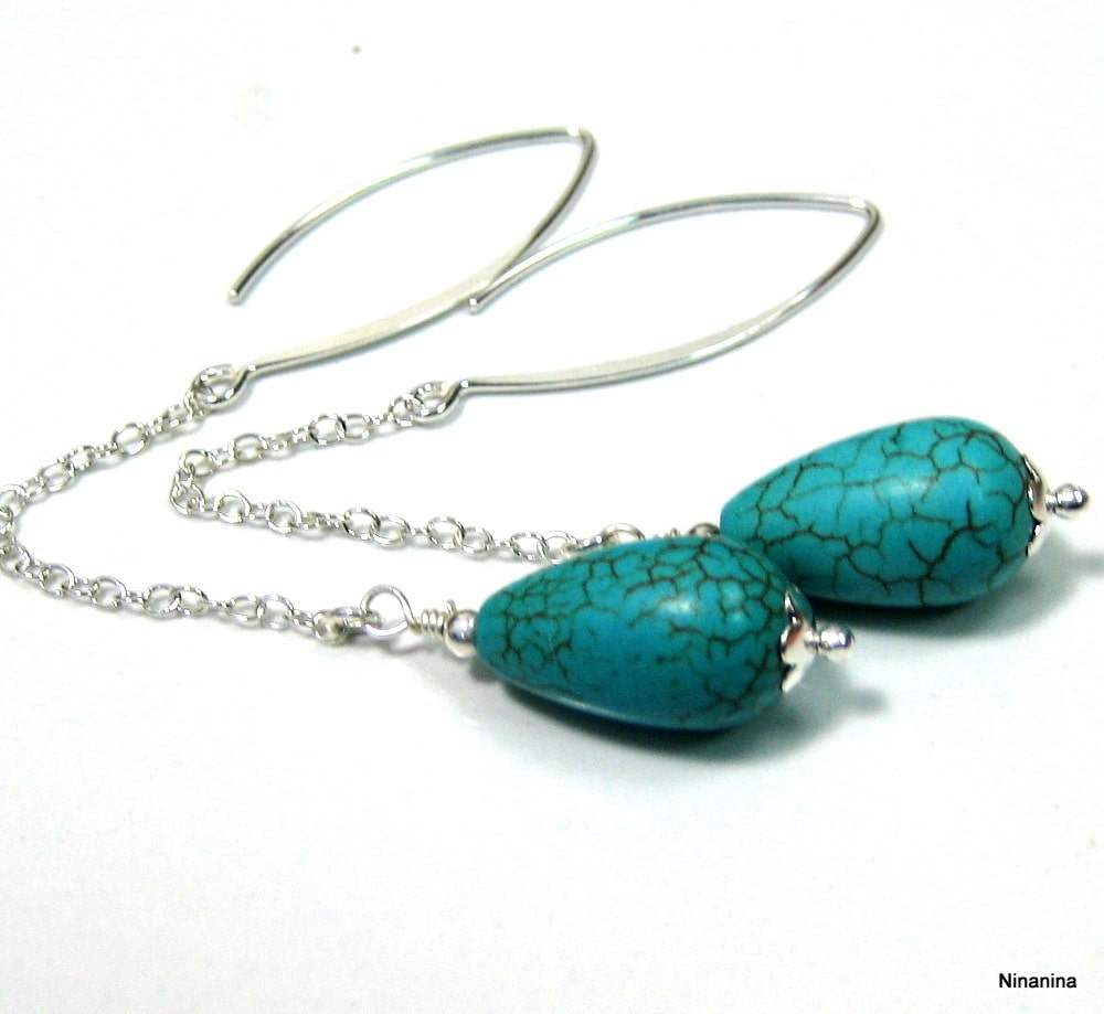 Boucles d’oreilles longues femme goutte howlite turquoise sur chaînette en argent 925 – Bijou artisanal fait main – Image 9