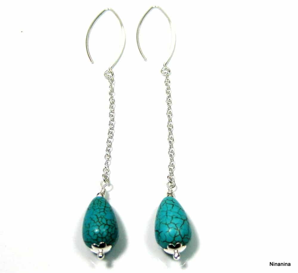 Boucles d’oreilles longues femme goutte howlite turquoise sur chaînette en argent 925 – Bijou artisanal fait main – Image 5