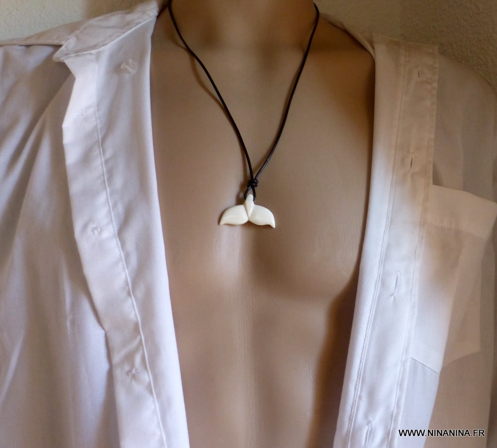 Collier queue de baleine blanc homme cordon cuir – Image 7