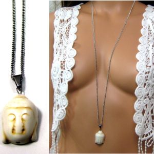 Collier bouddha blanc – Sautoir Acier inoxydable argent