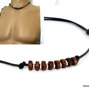 Collier cordon cuir Argent 925 massif perles bois