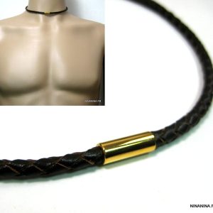 Collier cuir tressé fermoir Acier inoxydable doré homme