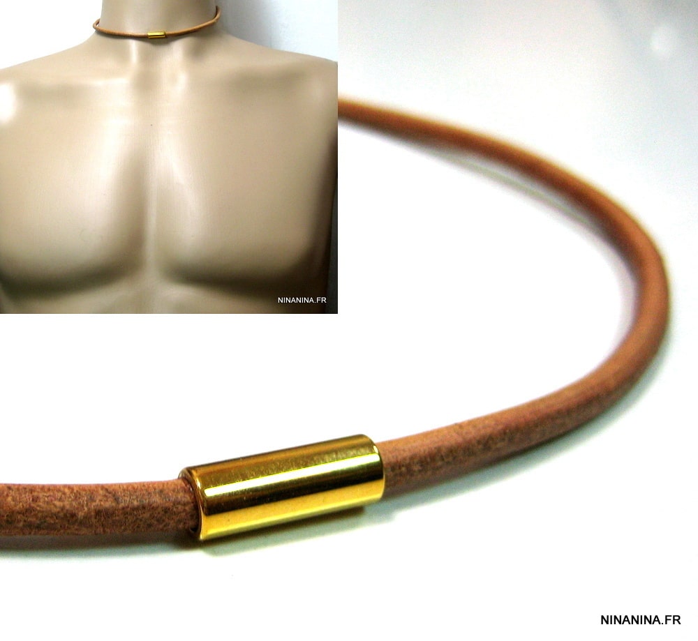 Collier homme cuir fermoir Acier inoxydable doré – Image 3