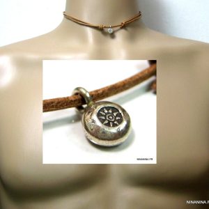 Collier cordon cuir tribal pendentif rond Argent 925 massif