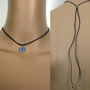 Collier de dos cordon cuir noir Acier inoxydable argent