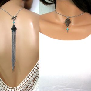 Collier de dos Acier inoxydable et turquoise