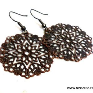 Boucles d&rsquo;oreilles pendentif dentelle cuivrée