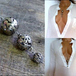 Collier long fantaisie 3 boules métal argenté
