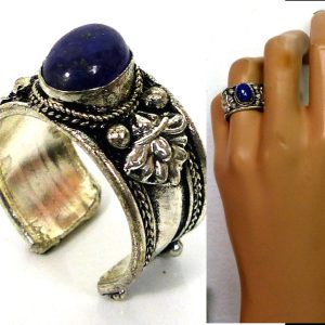 Bague lapis lazuli métal argent ajustable