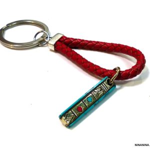 Porte clé homme cuir amulette tibétaine turquoise