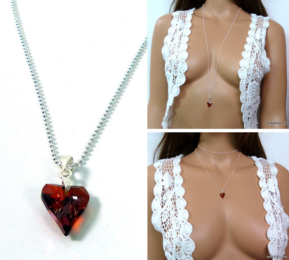 Chaine de taille Argent pendentif coeur Swarovski rouge – Image 9