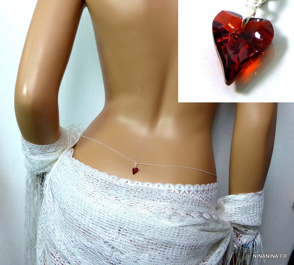 Chaine de taille Argent pendentif coeur Swarovski rouge – Image 8