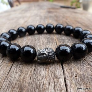 Bracelet boudha perles noires brillantes en onyx