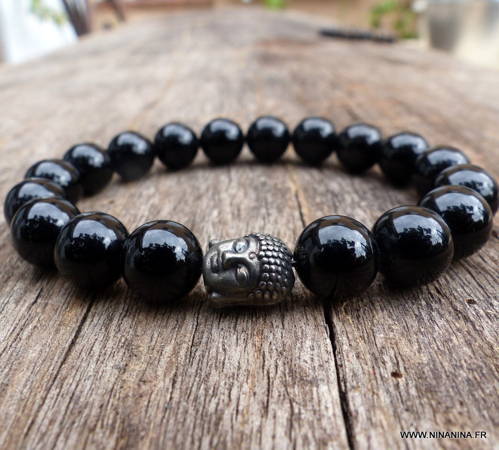 Bracelet boudha perles noires brillantes en onyx – Image 3