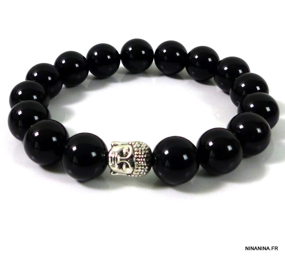 Bracelet boudha perles noires brillantes en onyx – Image 4
