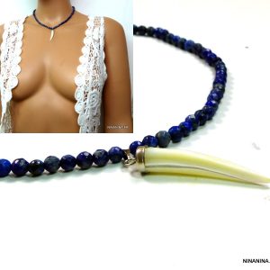 Collier Lapis Lazuli corne nacre Argent 925 massif