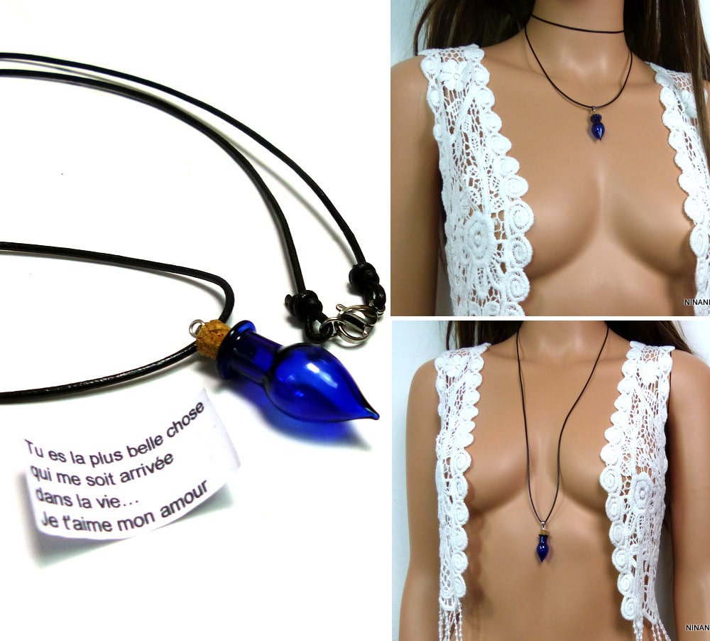 Collier cordon cuir message fiole de verre bleue – Image 2