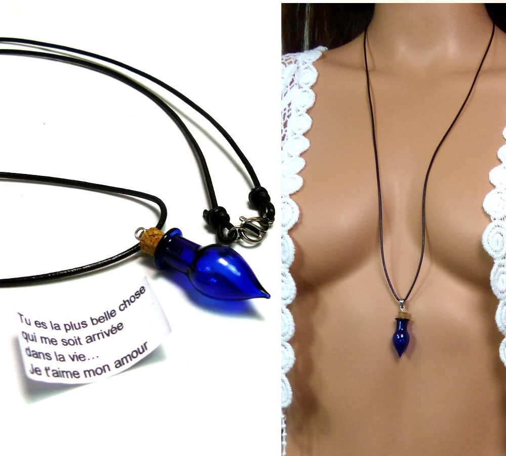 Collier cordon cuir message fiole de verre bleue – Image 9