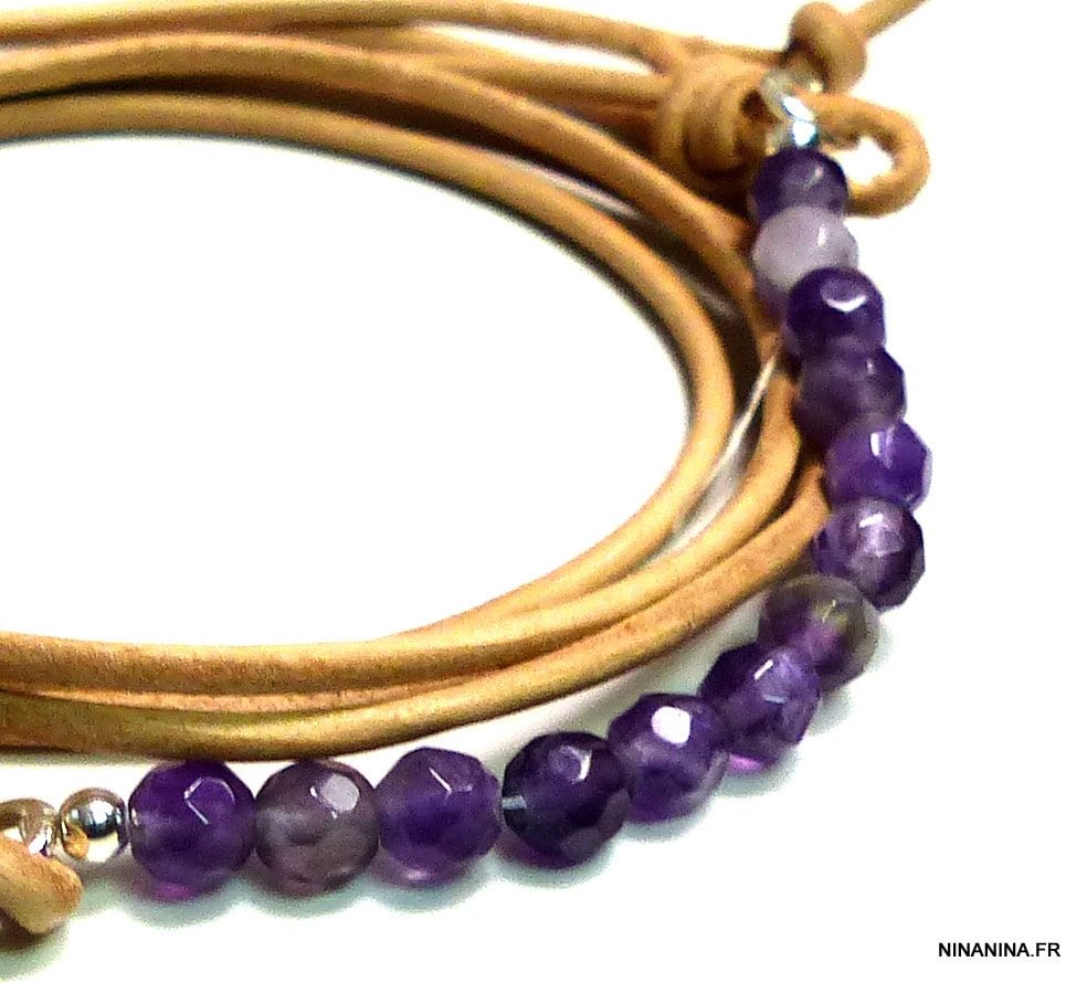 Bracelet Amethyste violet perles à facettes et argent 925 cordon de cuir Multi Tours – Bijou Artisanal Fait Main – Image 4