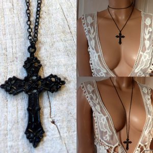 Collier sautoir croix noire femme chaine 80 cm