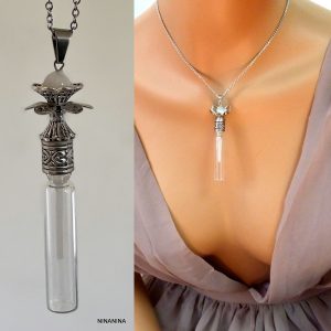 Collier Fleur Blanc Fiole De Parfum En Verre Et Acier