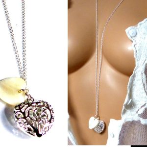 Collier long – Sautoir coeur plaqué Argent Et Nacre
