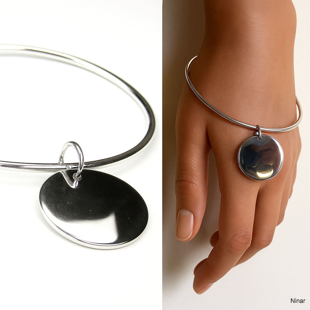Bracelet Jonc Fin Femme avec Pendentif Rond en Argent plaqué – Élégance et Finesse Fait Main en France