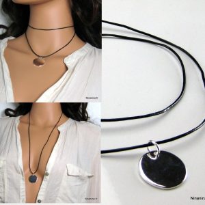 Collier cordon Cuir femme pendentif medaille plaqué Argent
