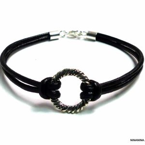 Bracelet cordon cuir anneau Argent 925 massif