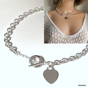 Gros Collier Argent femme maille ovale pendentif coeur