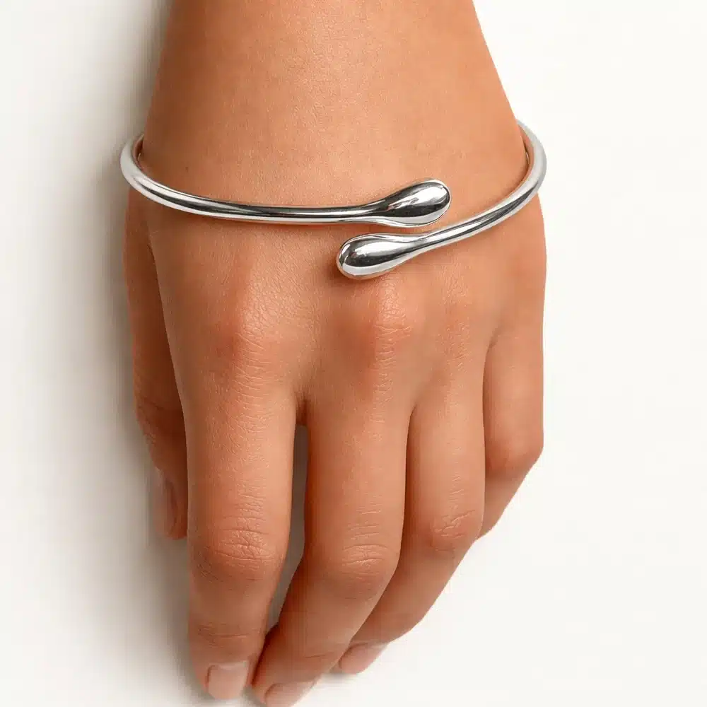 Bracelet Jonc Femme Argent Plaqué Ouvert – Bijou Réglable Avec Extrémités En forme de goutte – Image 5