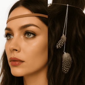 Bandeau De Tête Femme Lanière Daim Naturel Et Plumes Noires à Pois Blancs