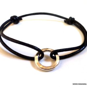 Bracelet Argent Anneau Homme Cordon Cuir Réglable