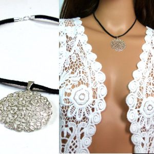 Collier cordon cuir pendentif rond Argent 925 filigrané